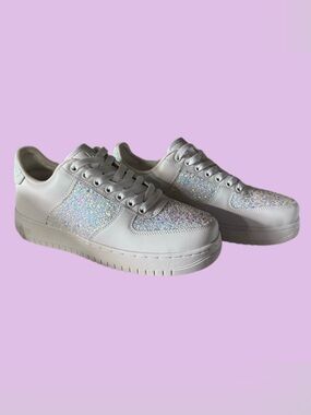 Women's White Glitter Panel Lace-Up Fashion Sneakers